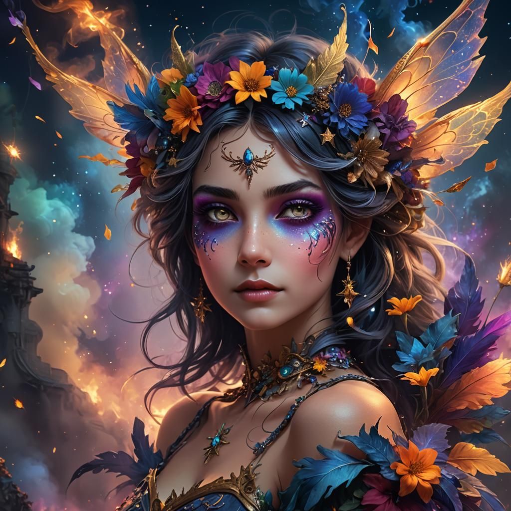 Night Fairy with Starry Face, Detailed Fantasy Art