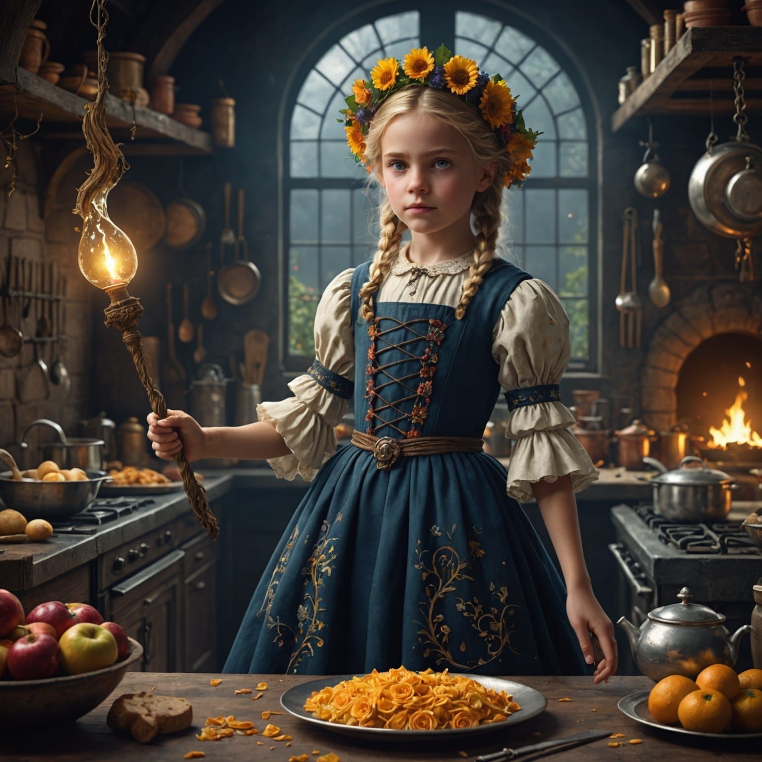 Young Witch Cooks with Magic Wand, Detailed Fantasy Art