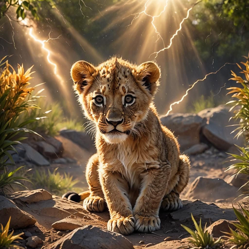 Lion Cub in Fiery Earth Art Landscape