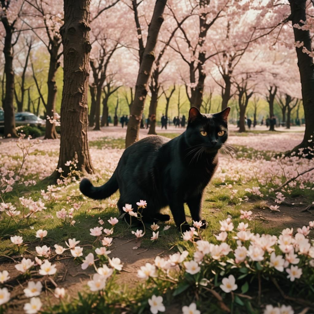 Cinematic Black Cat in Cherry Blossom Forest