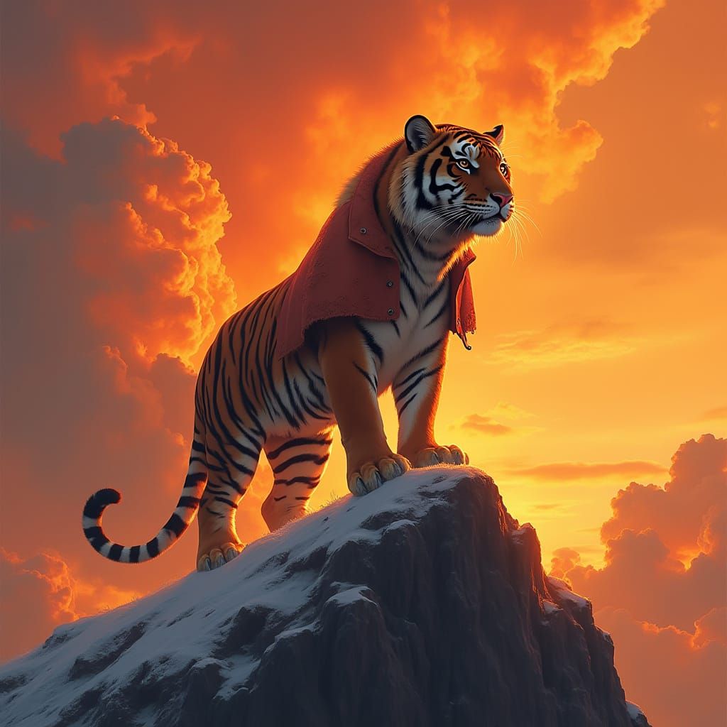 Tiger on Fiery Volcano Summit in Dramatic Sky