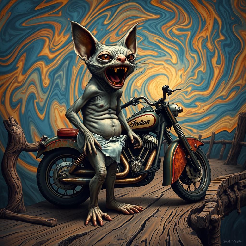 Jerboa Screams in Chaos, Beside Vintage Motorcycle on Fractu...