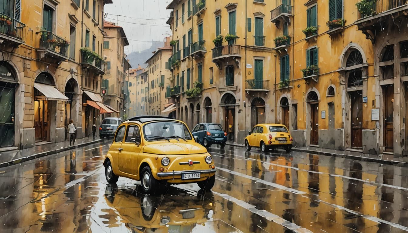 Yellow Fiat 500 on Rainy Italian Street