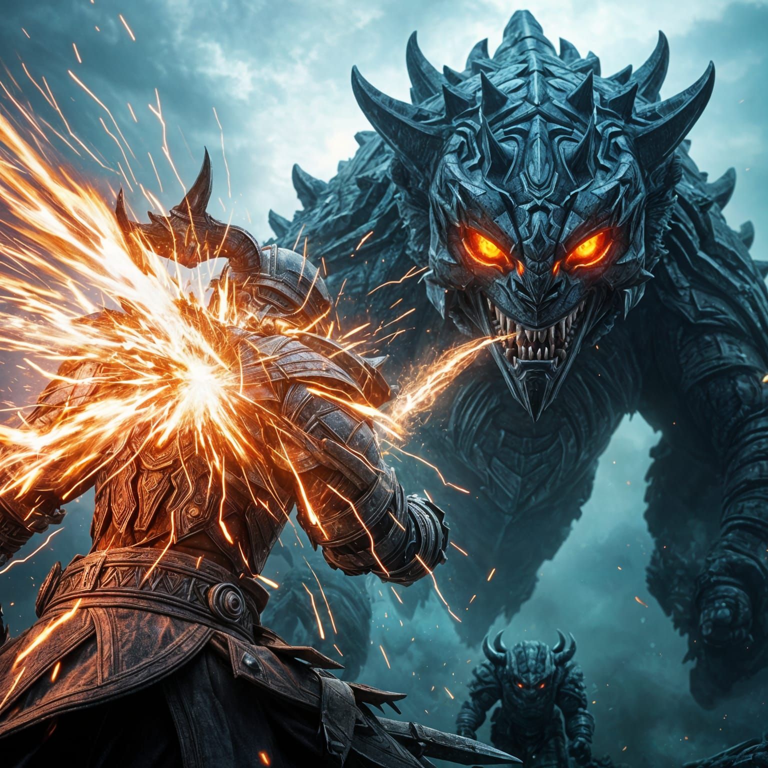 Warrior Unleashes Radiant Energy Strike on Obsidian Foe