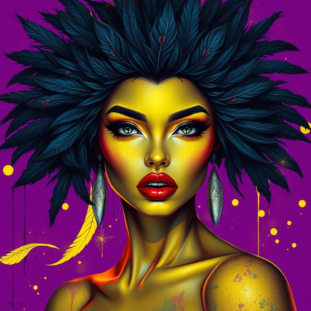 Vibrant Woman with Feathers and Silver Eyes
