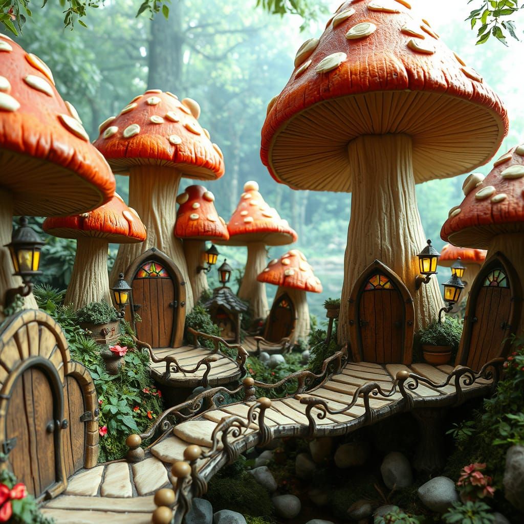 Enchanted Fungal Realm with Whimsical Doors and Bridges