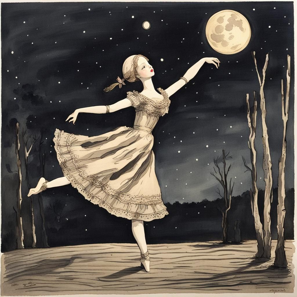 Wooden Doll Dancing Under Moonlight in Gouache Style