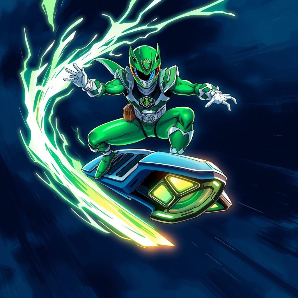 Manga-Style Anime Hero soars on Neon-Lit Flying Hoverboard
