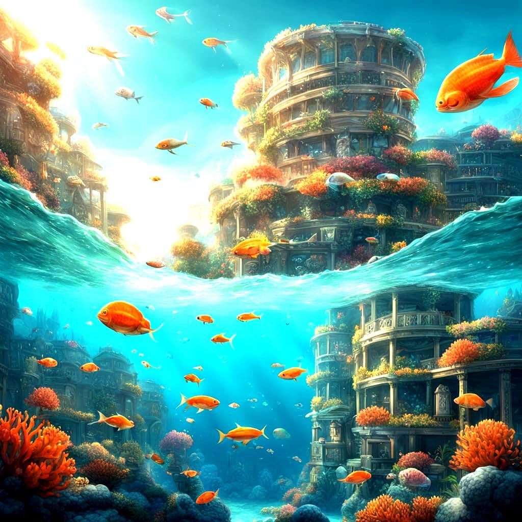 Underwater City: Surreal Oil Painting with Coral Reef