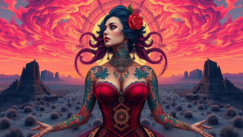 Steampunk Tattooed Woman in Dystopian Sunset Landscape