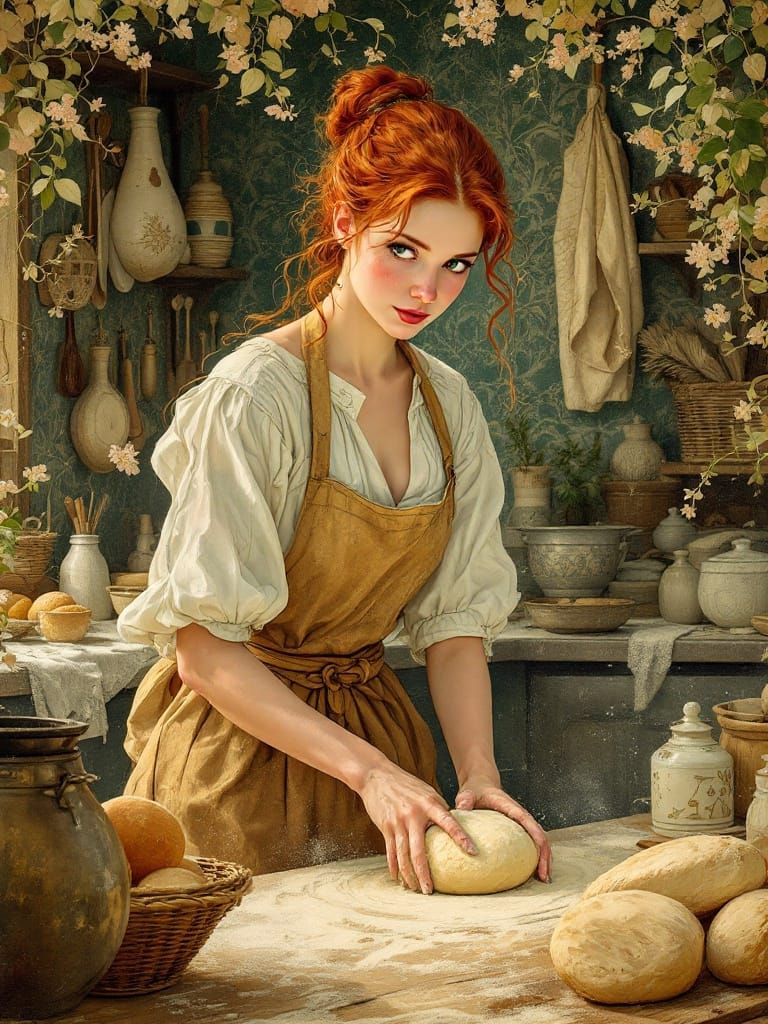 Redhead Baker in Flour-Dusted Kitchen, Art Nouveau