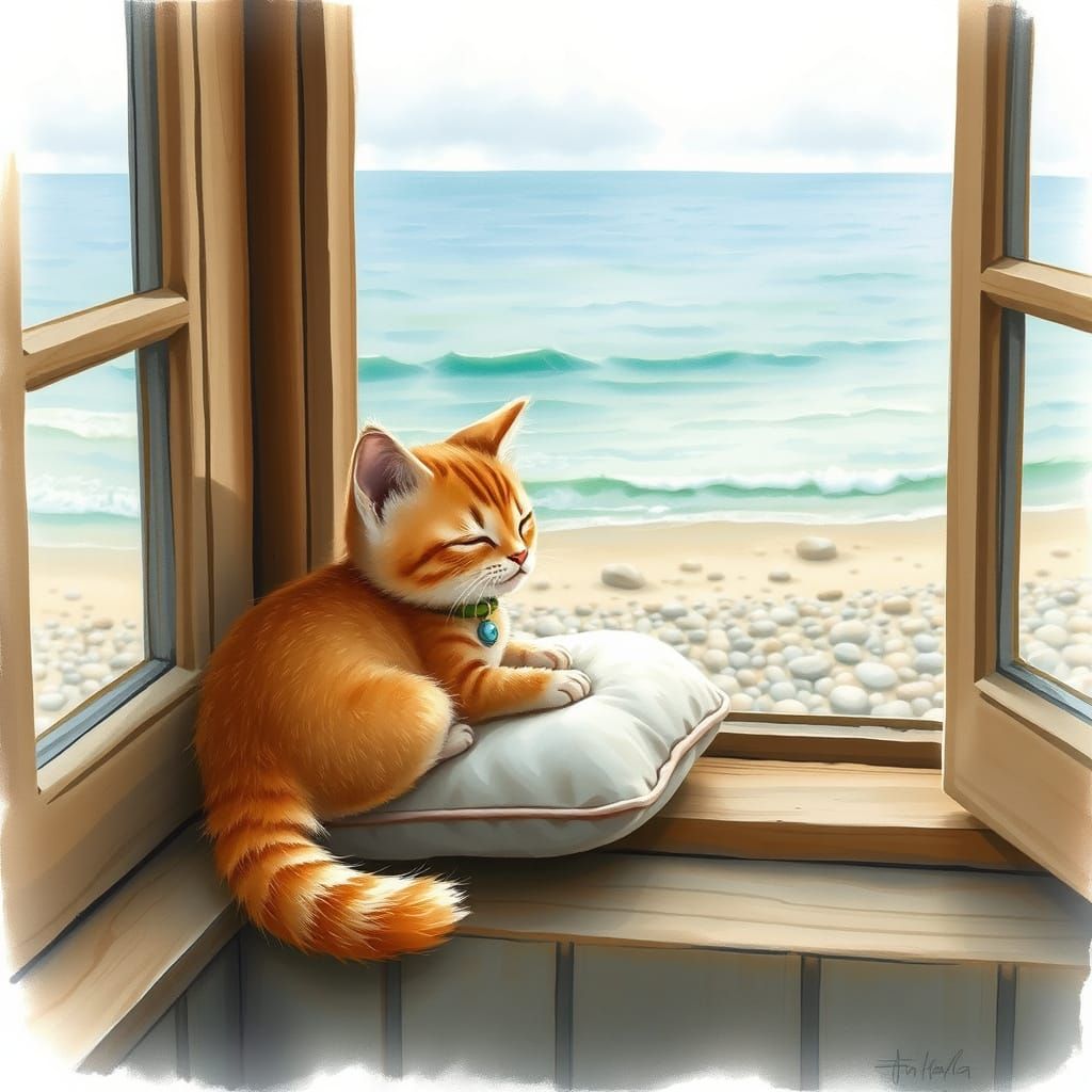 Ginger Kitten's Dreamy Beach Nap, Painterly Style