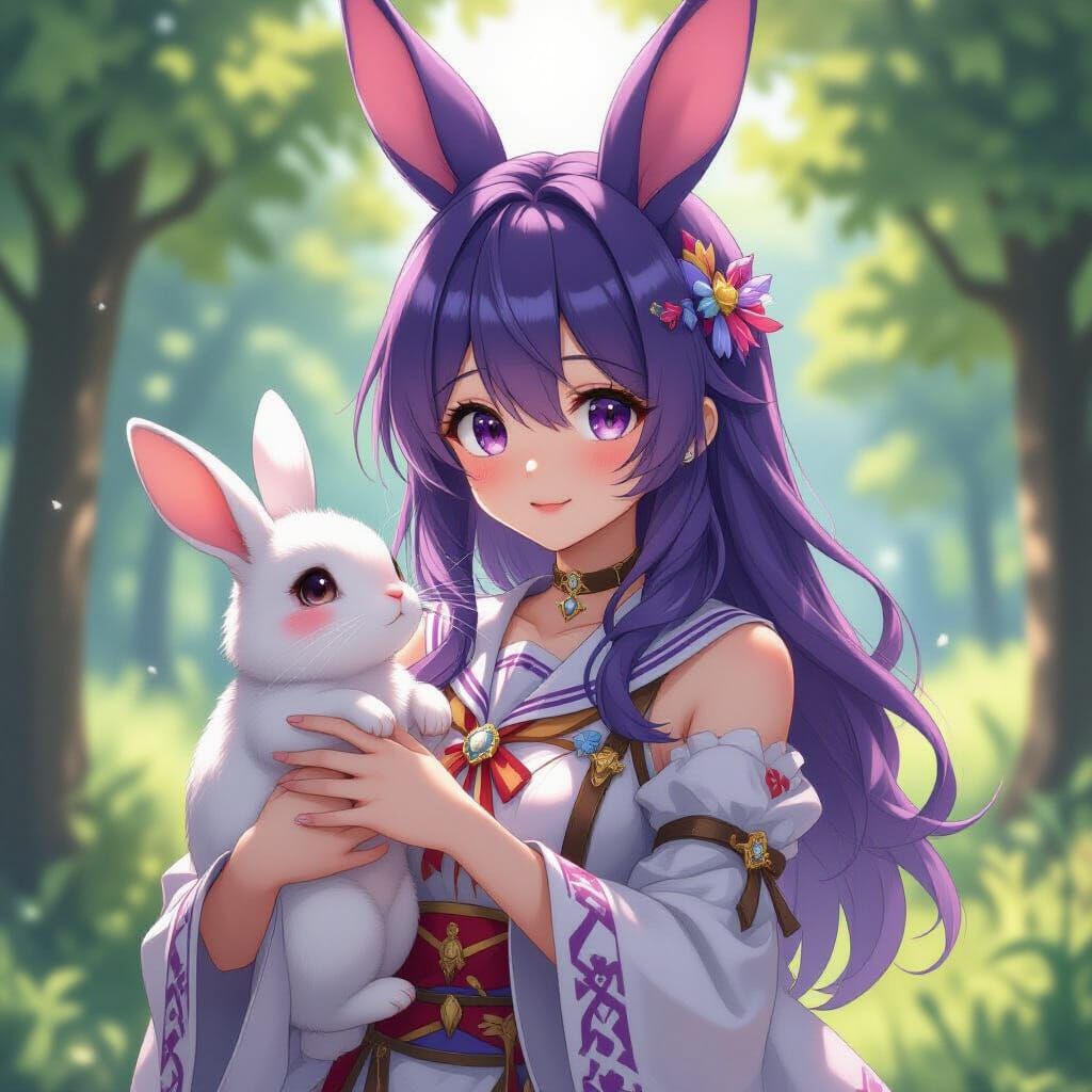 Anime Girl with Rabbit in Purple Hues