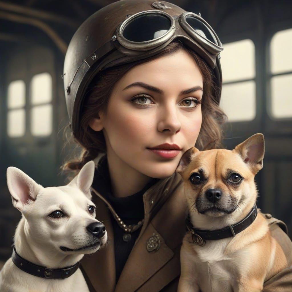 Dieselpunk Woman with Dog Digital Art