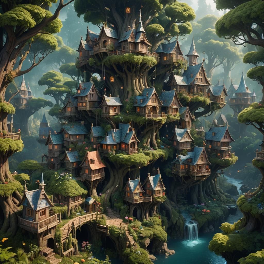 Magical Fairy City in Forest: Detailed Matte Painting
