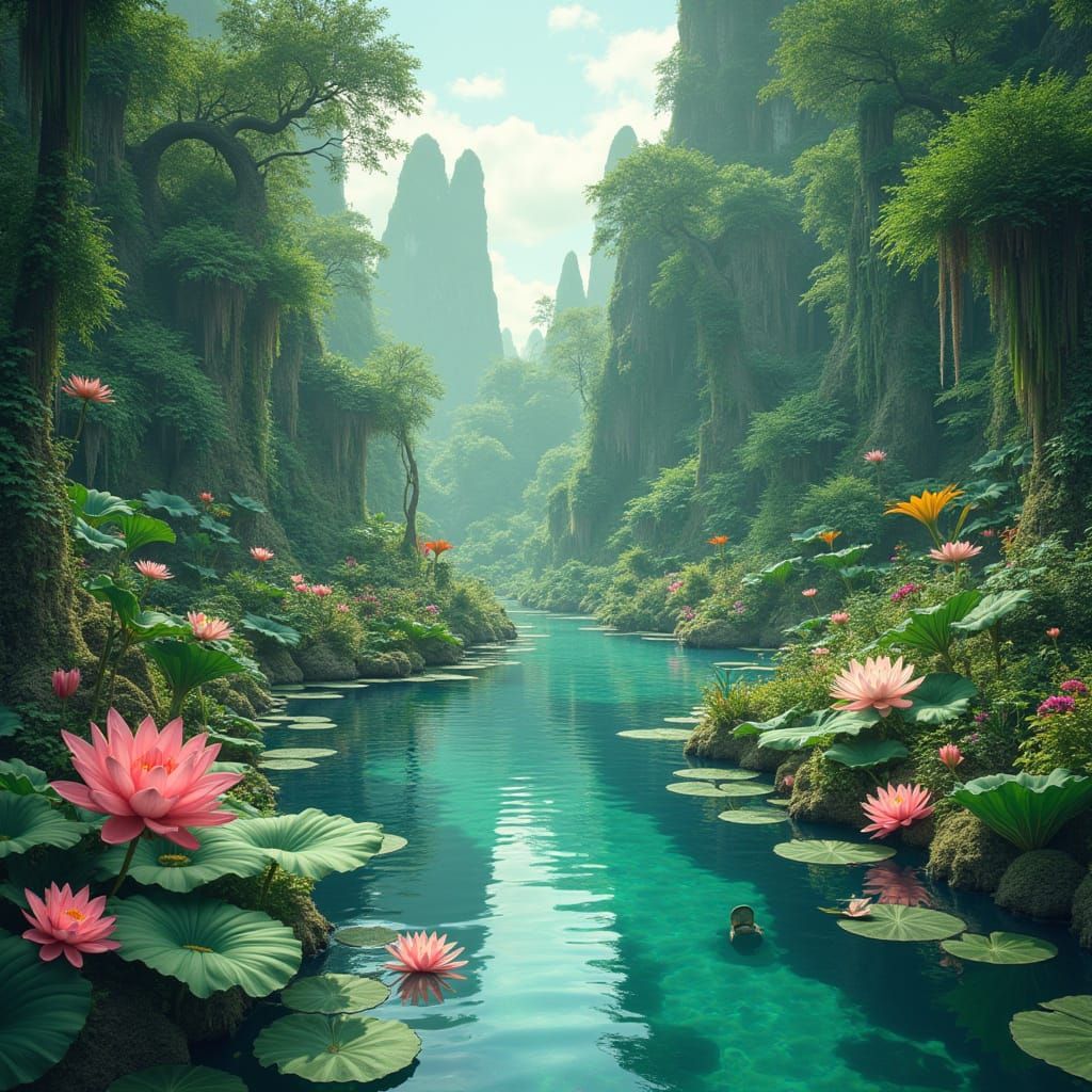 Ethereal Utopian Oasis with Emerald Greenery and Water Featu...