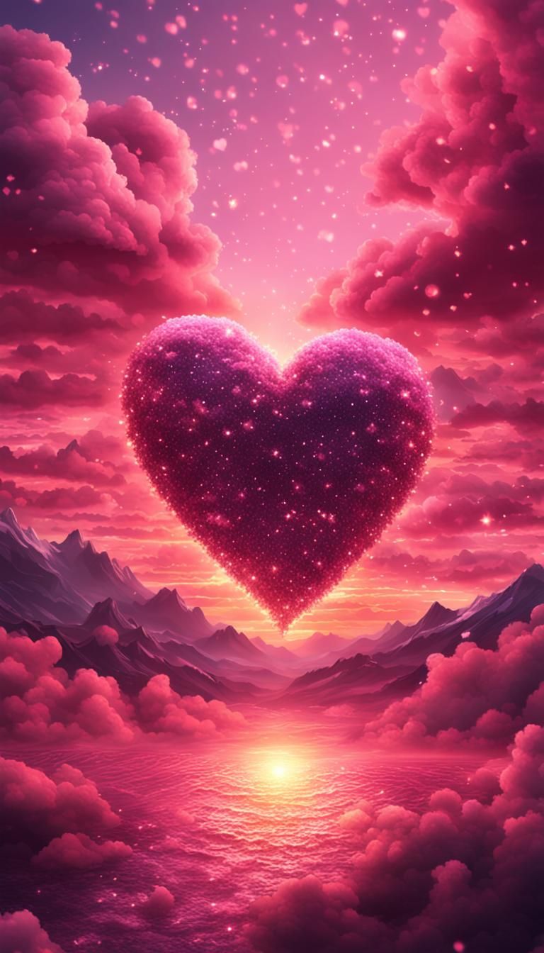 Heart-Shaped Sunset with Pink Clouds and Sparkles