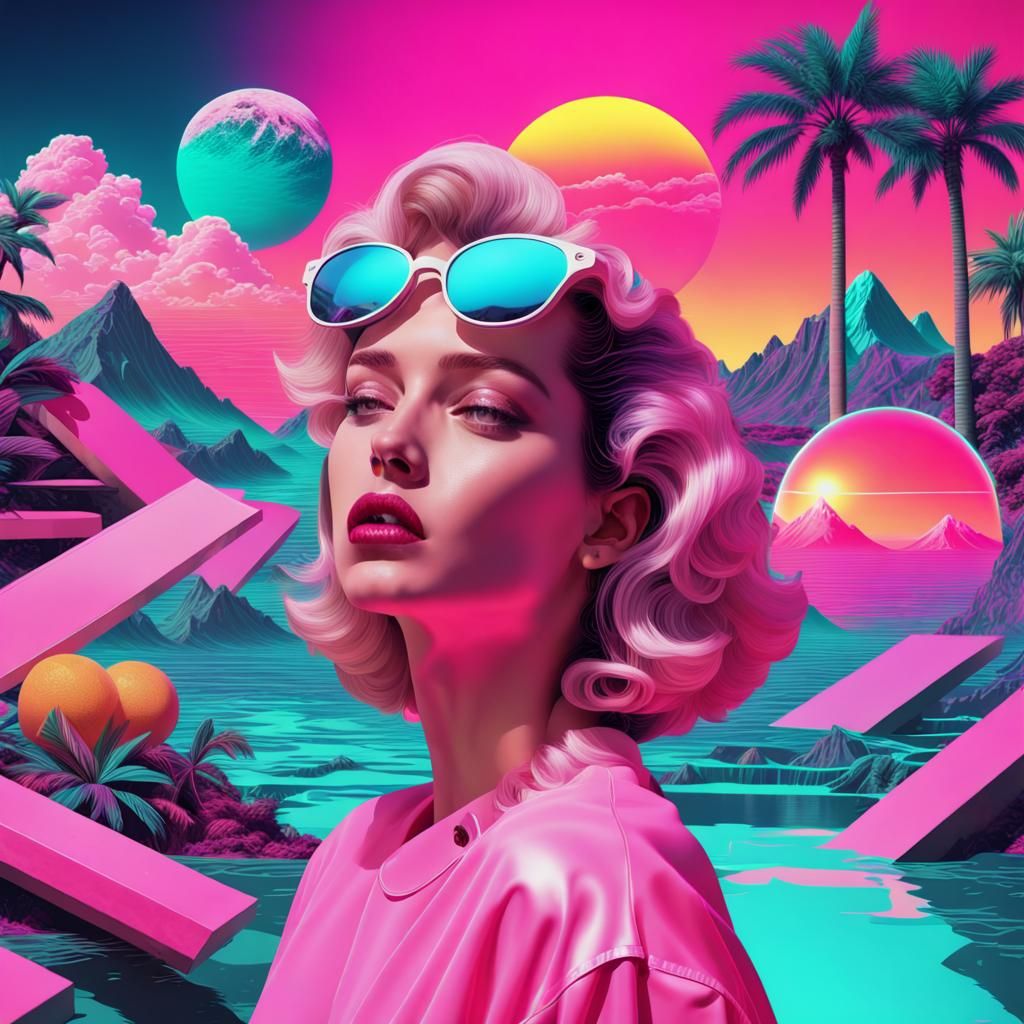 Vaporwave Collage with Neon Colors in 1980s Style