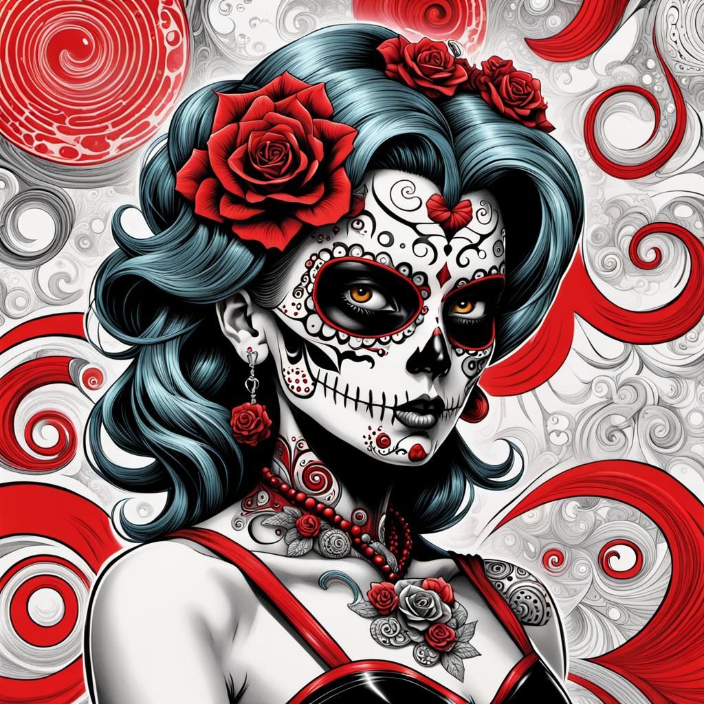 Rockabilly Punk Sugar-Skull Lady in Comic Book Art