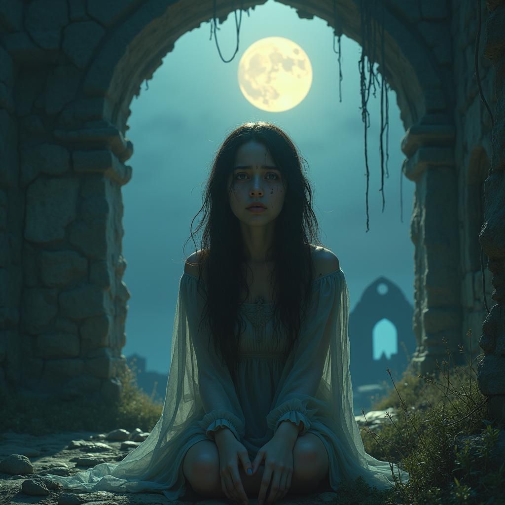 Shattered Girl Crying in Mystical Moonlight: Matte Painting