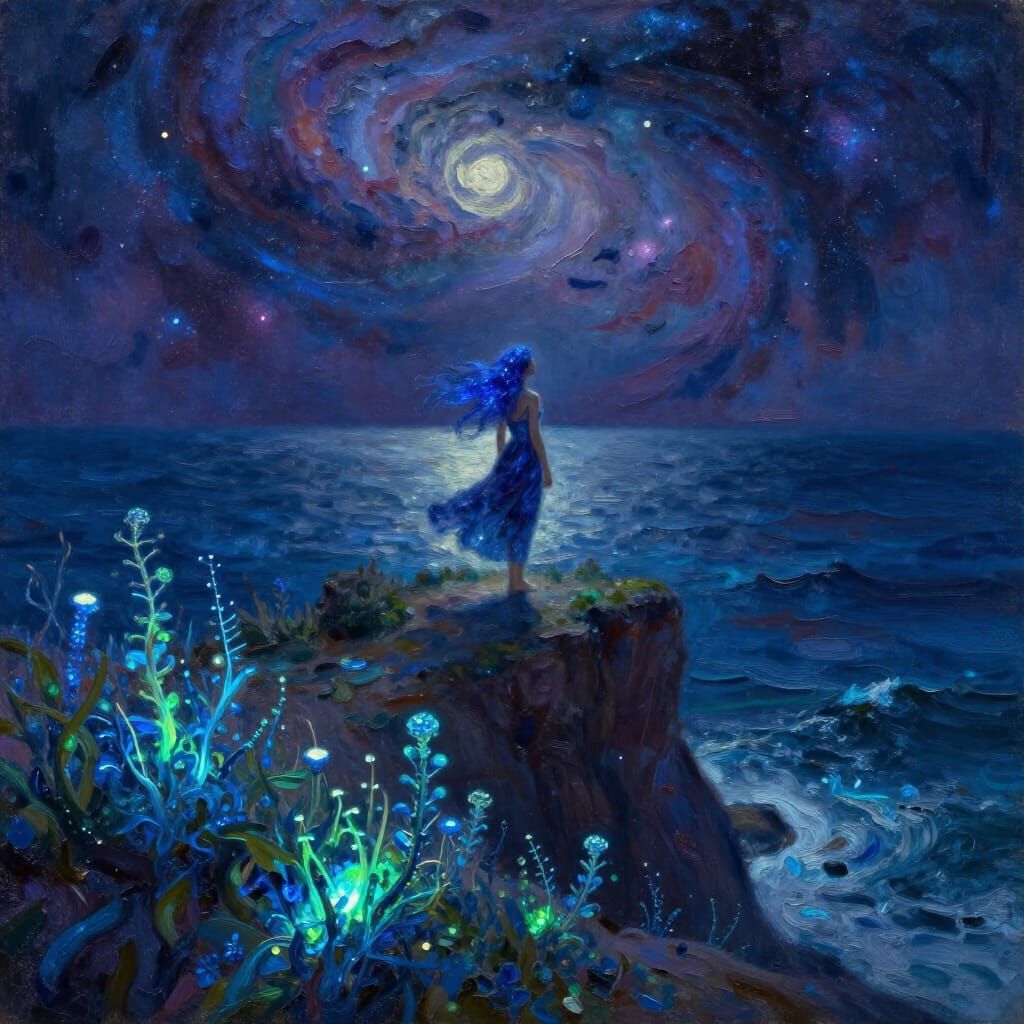 Woman on Cliff Overlooking Nebulae Ocean in Impasto Style