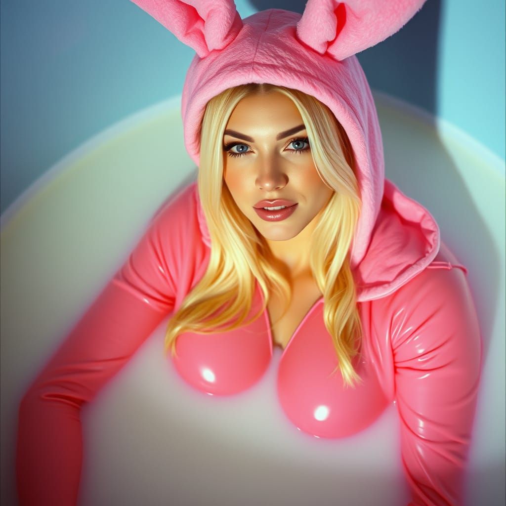 Stunning Blonde Woman in Pink Latex Bunny Suit, Submerged in...