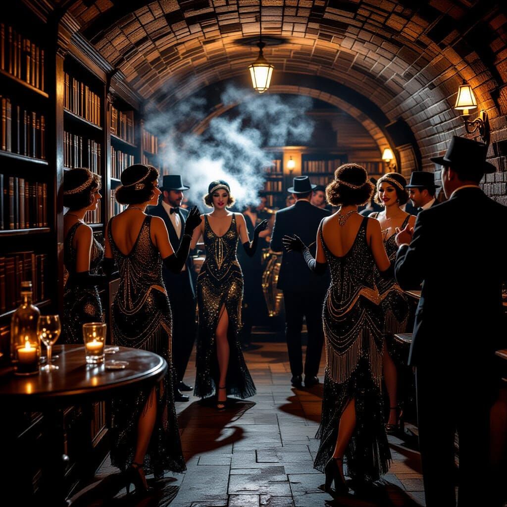 1920s Speakeasy Clandestine Gathering in Art Deco Style