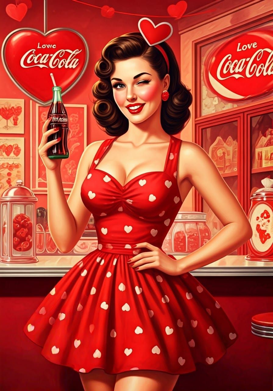 Vintage Pin-Up Girl Radiates Love in Coca-Cola Ad