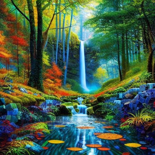 Gemstone Mosaic Waterfall Path in Detailed Comic Style