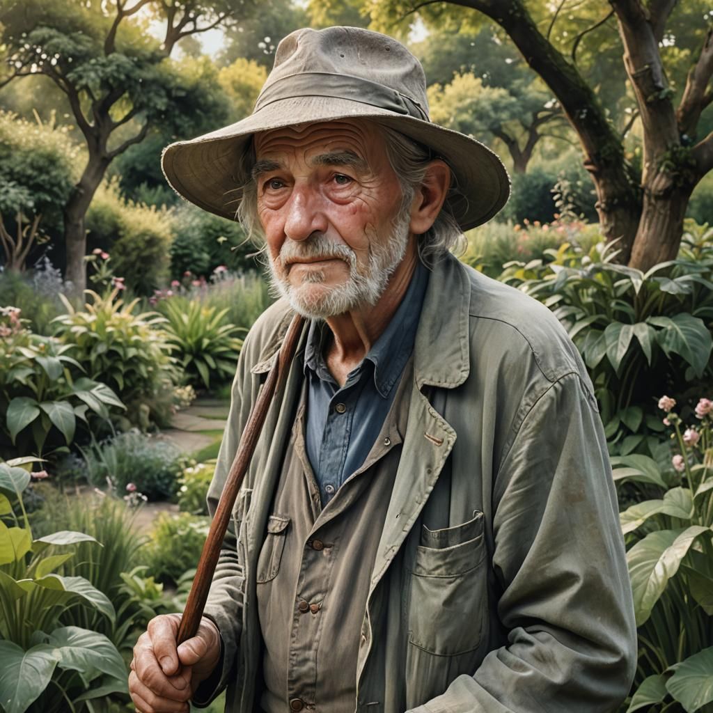Elderly Gardener in Lush Garden: Hyperrealistic Digital Art