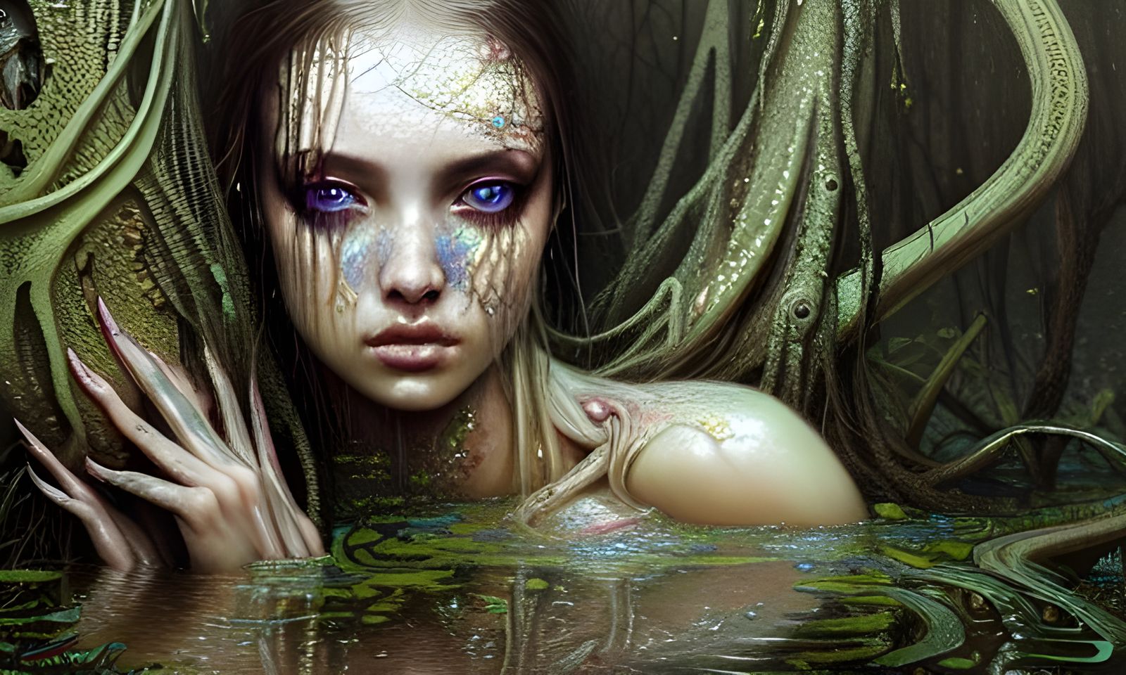 Slime Infected Woman on Swamp Floor, Detailed Fractal Art