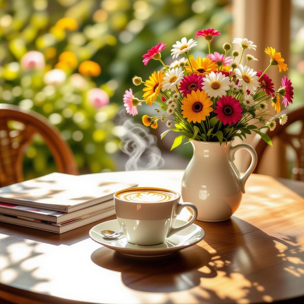 Sun-Drenched Patio Brunch Still Life in Photorealistic Style