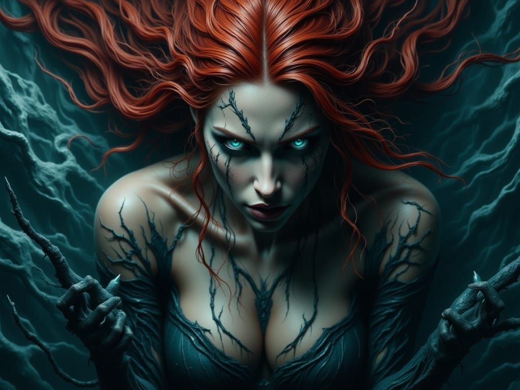 Surreal Mythcore Painting of a Red-Haired Siren in Dark Murk...