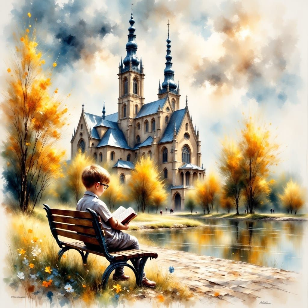 Boy Reading by Church in Impressionist Style