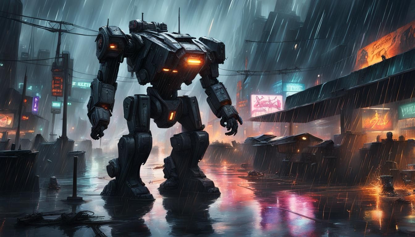 Battle Mech Army in Rainy Harbor City Concept Art