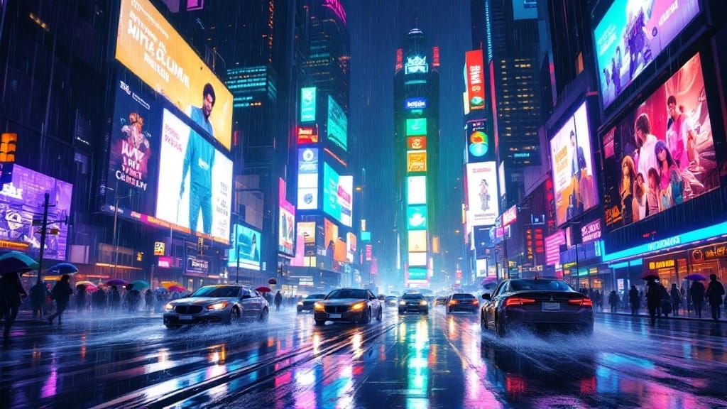 Neon Cityscape Reflections in Rain, Digital Art