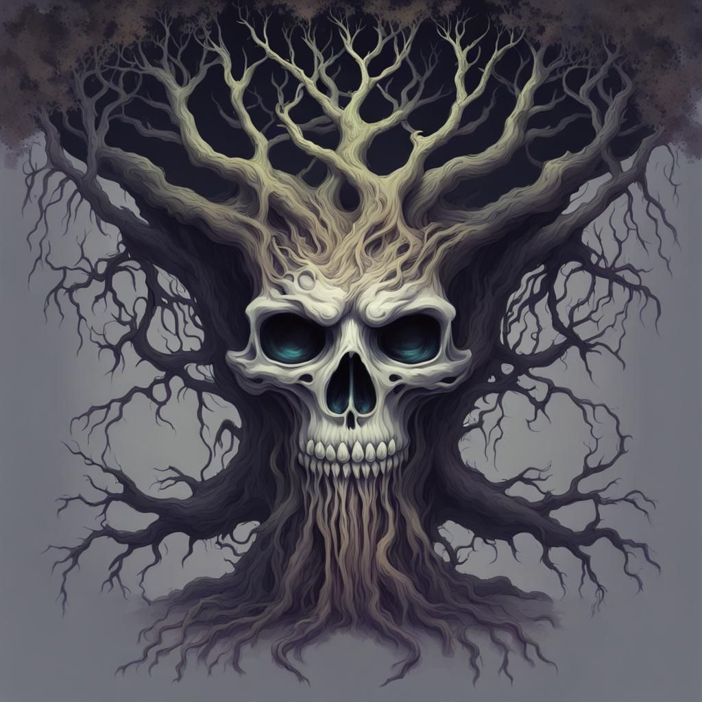 Eerie Spectral Skull Merged with Monstrous Tree