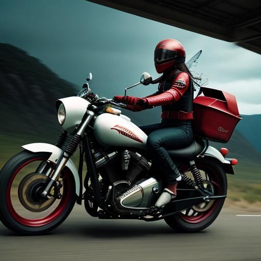Girl on Dragonfly Motorbike with Strawberry Helmet