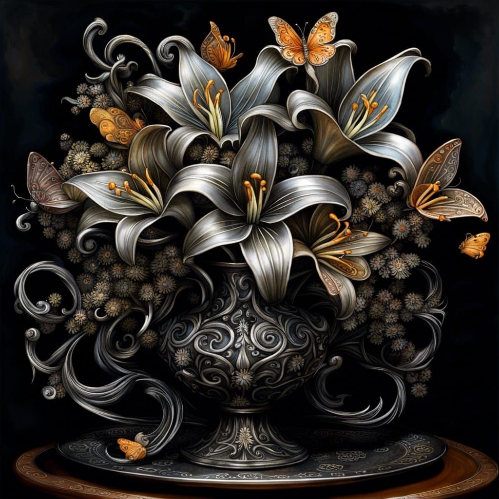 Forged Metal Lilies with Silver Filigree