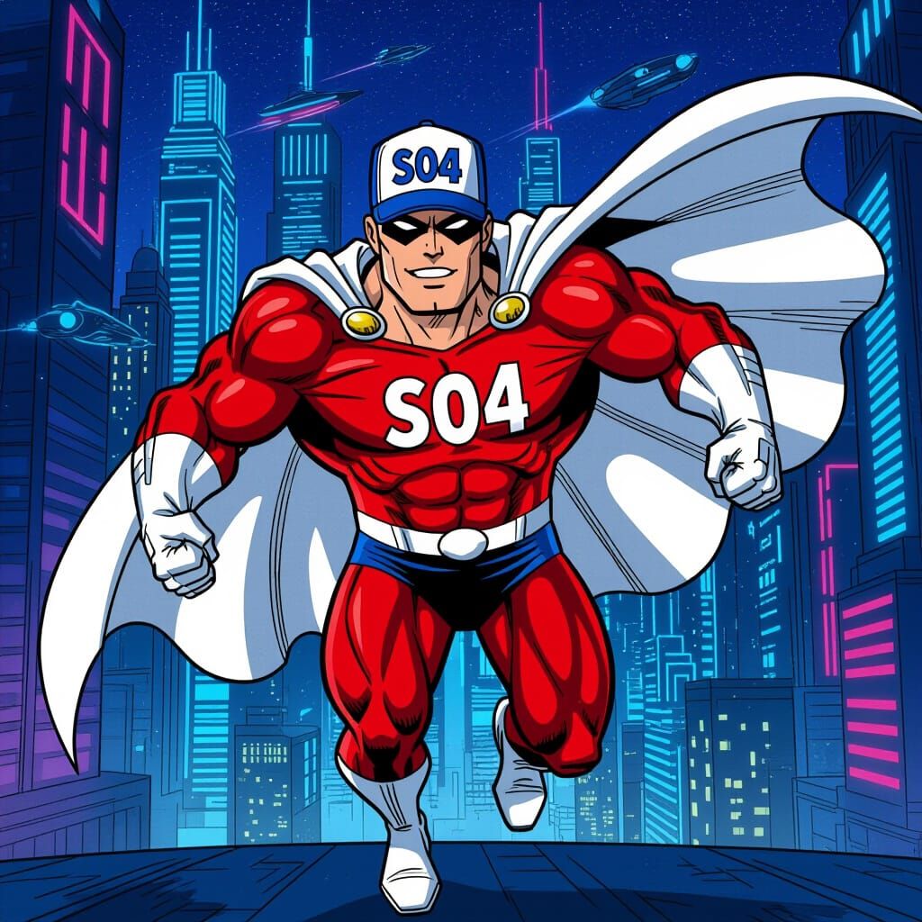 Superhero with Can Torso in Neon Cityscape