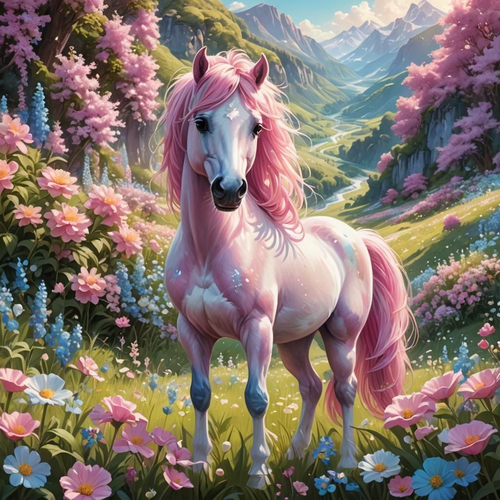 Pink and Blue Pony in Flower Valley