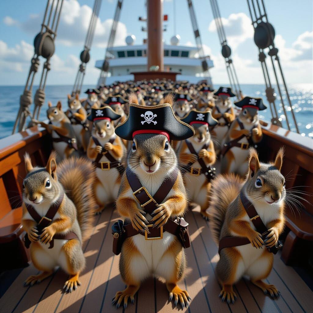 Pirate Squirrels Invade Cruise Ship: Hyperrealistic Scene