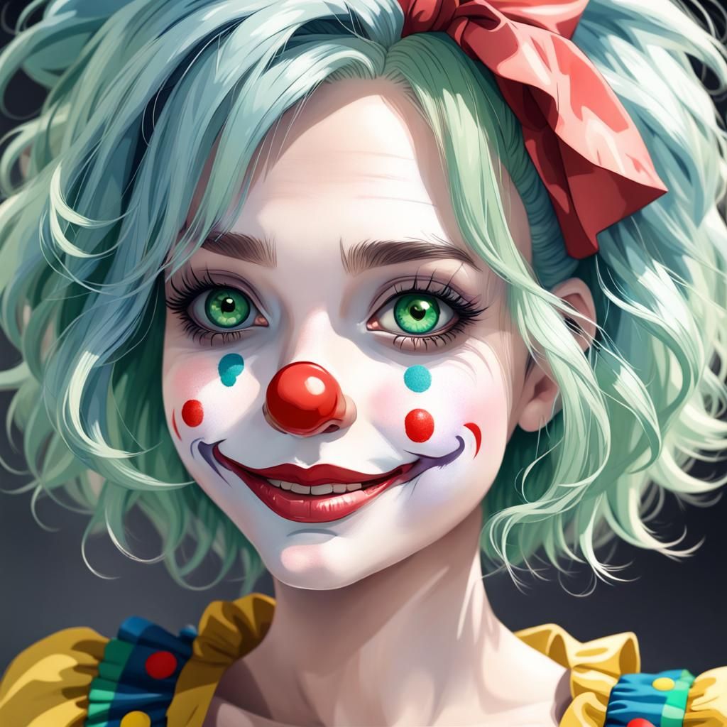 Cute Clown Girl with Blue Hair and Green Eyes