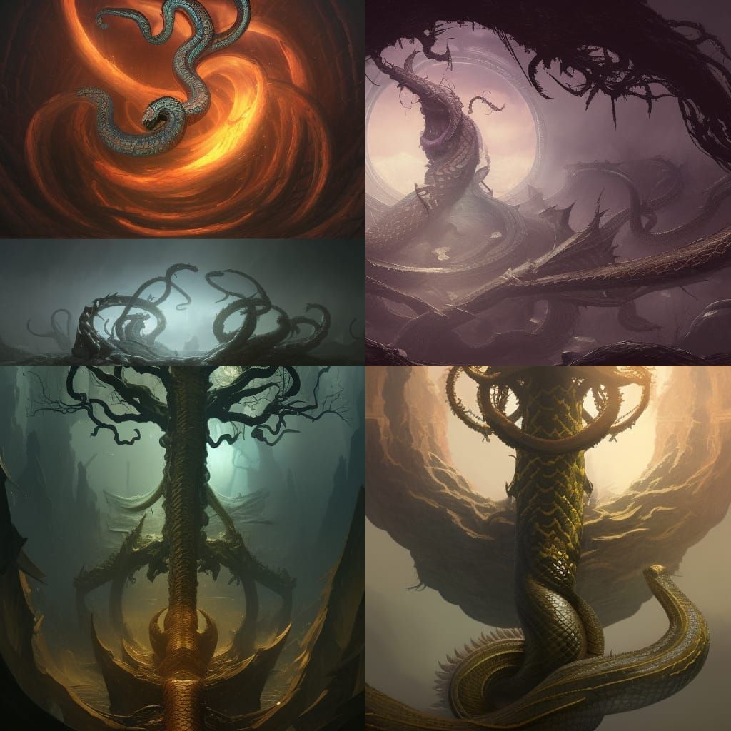 World Serpent Wraps World Tree: Dark Fantasy Art