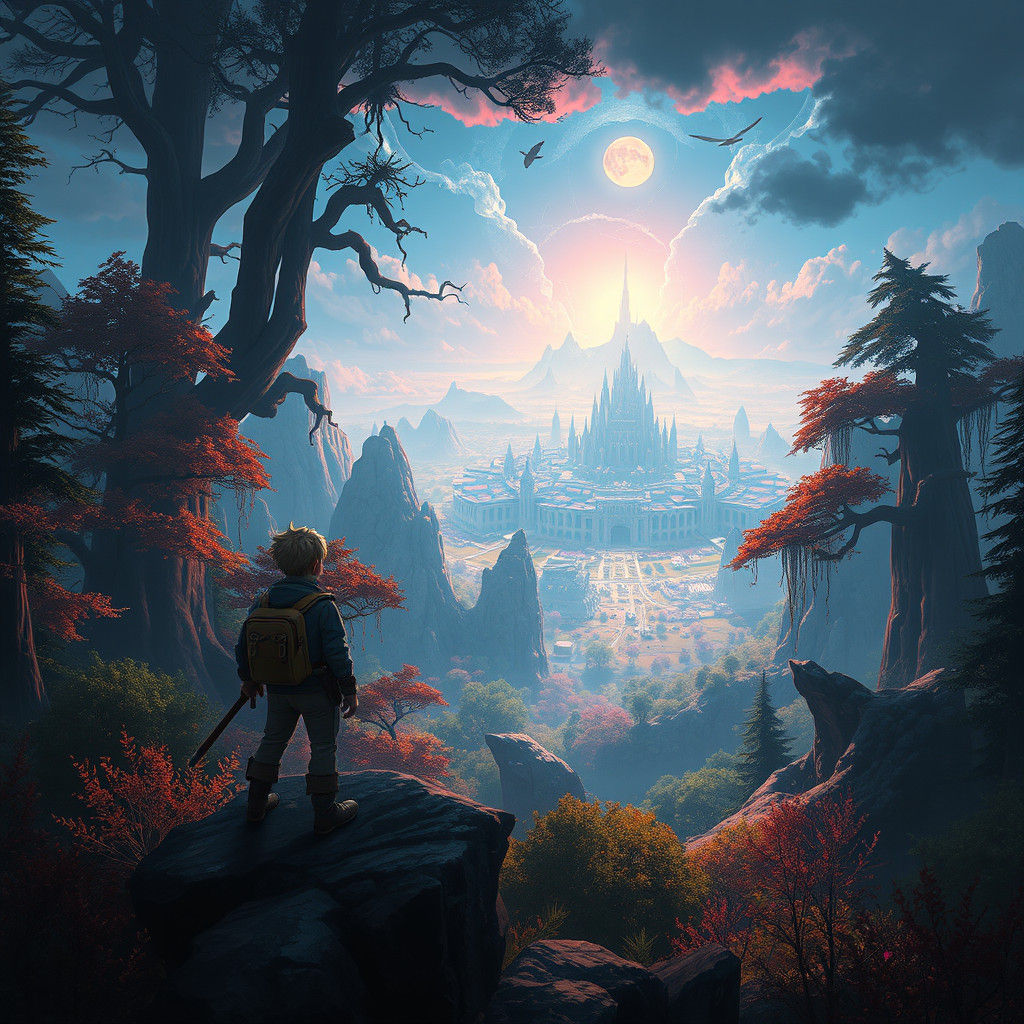 Heroic Adventurer in Mystical Forest Cityscape