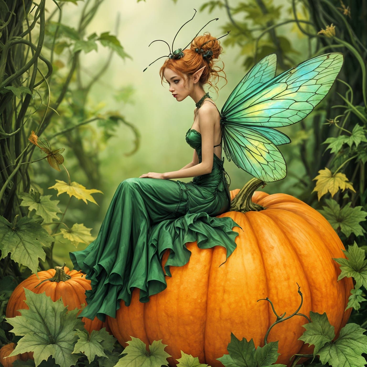 Elegant Dragonfly Fairy on Autumn Pumpkin