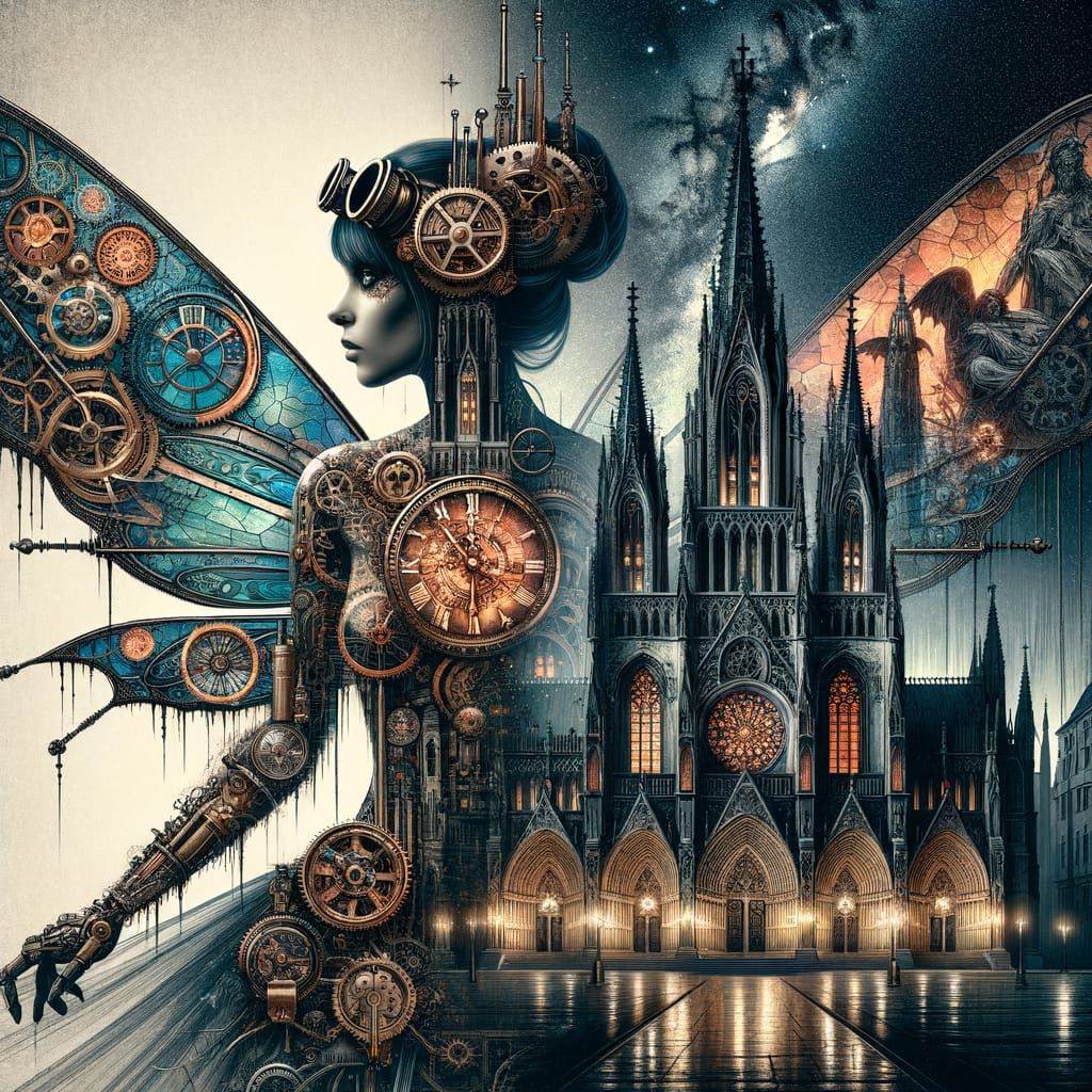 Steampunk Fairy in Gothic Cathedral: Art Nouveau Digital Ill...