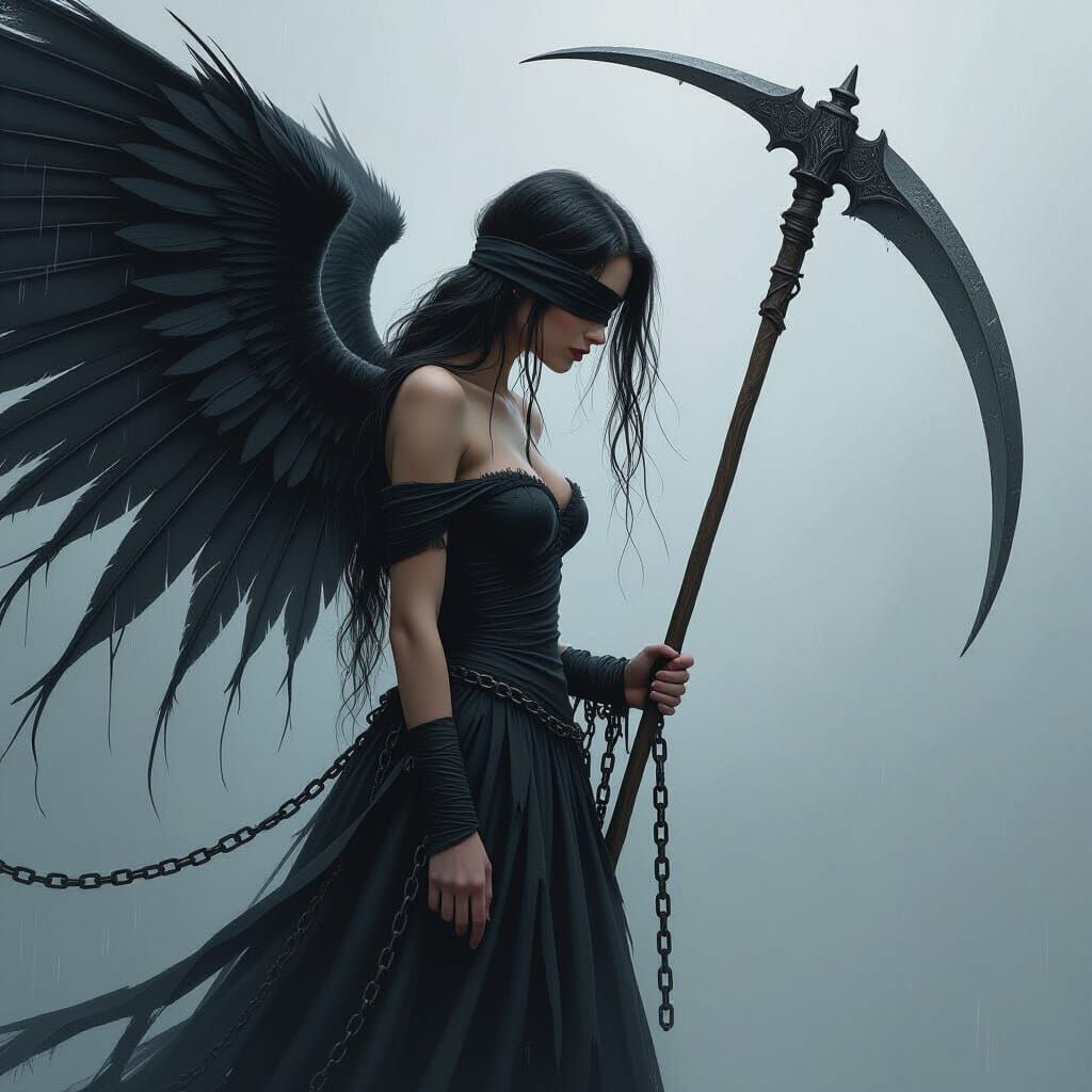 Fairy With Scythe in Tattered Dress, Blindfolded, Rainy Scen...