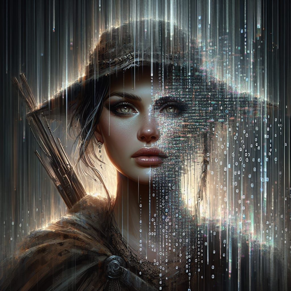 Huntress Portrait Dissolving into Shimmering Pixels in Glitc...