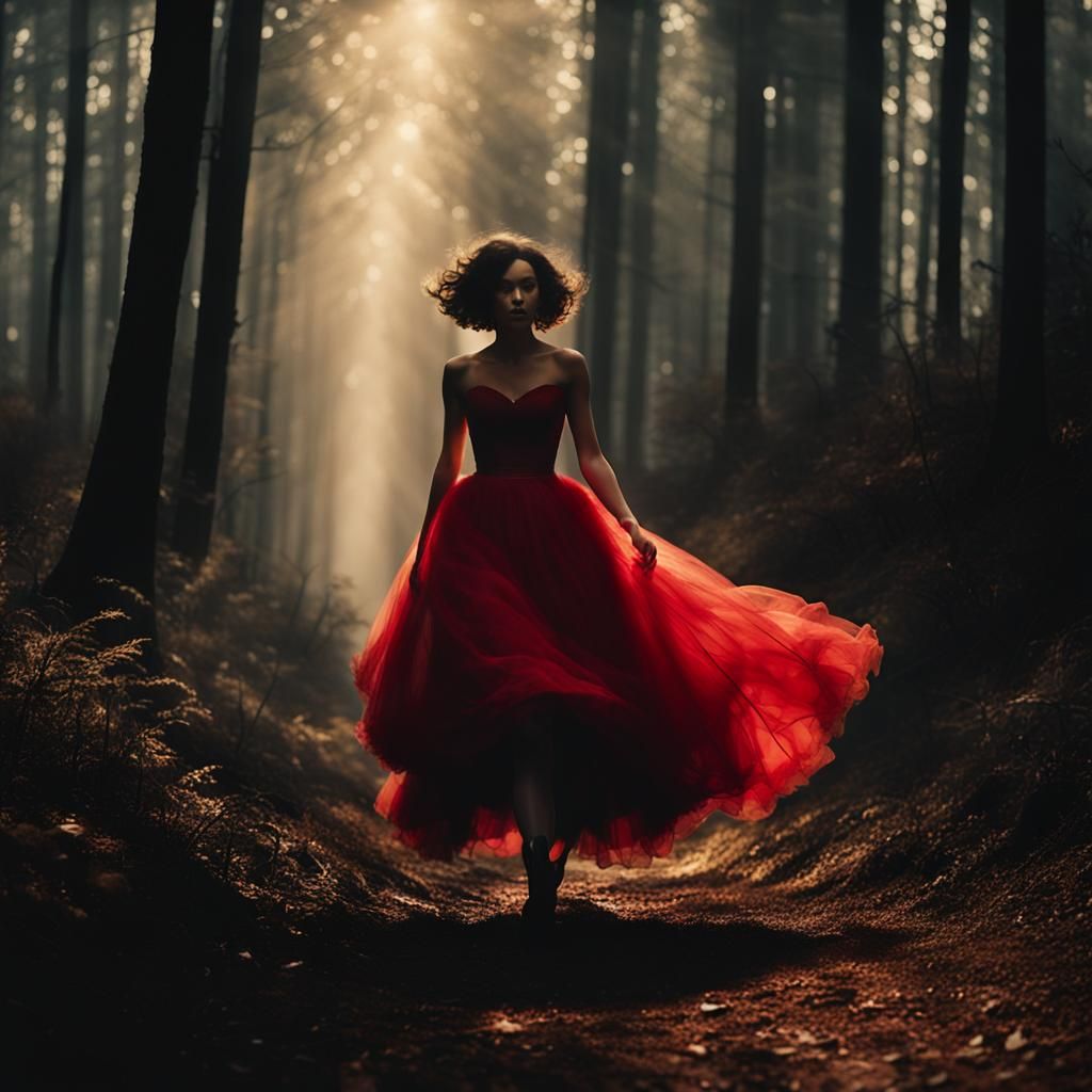 Girl in Red Gown Runs Through Misty Forest